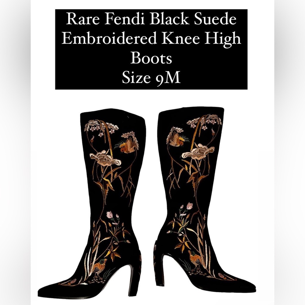 RARE Fendi Black Suede Embroidered Tall Boots w/ Curved Heel Sz 9M